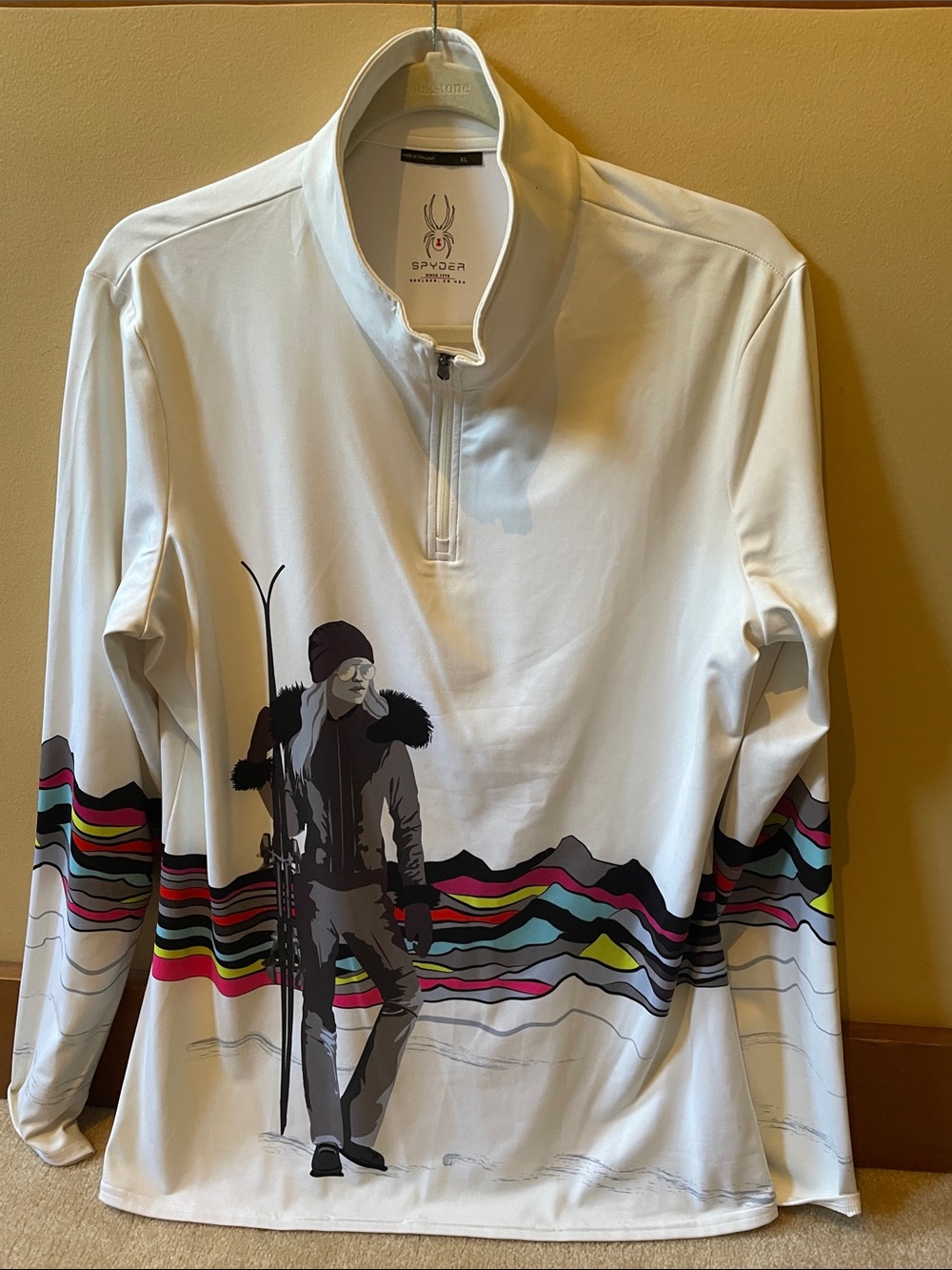 Spyder White Women’s Quarter-Zip Sweater with Alpine Skier Graphic